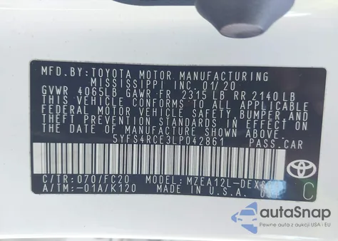 2020 Toyota Corolla Se из США, поврежденный, VIN 5YFS4RCE3LP042861